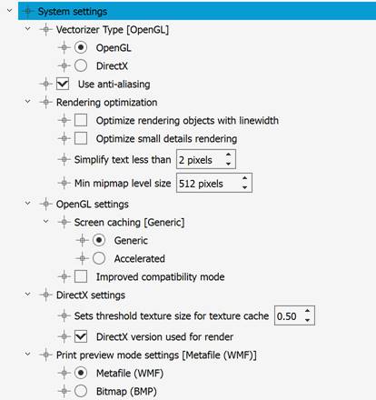 CAD drafting Graphic Subsystem Settings 0